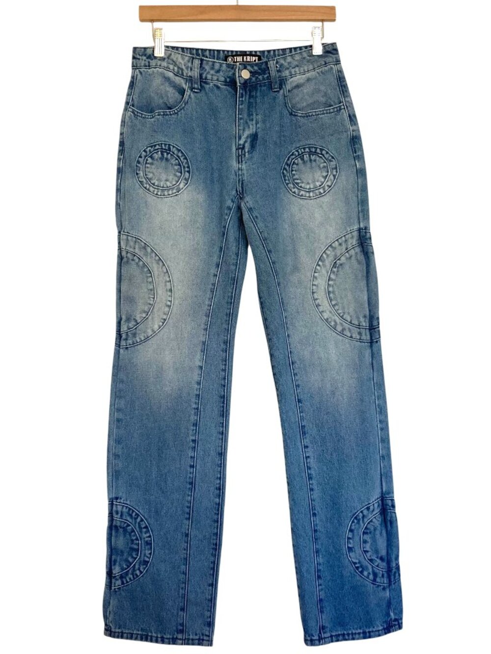 THE KRYPT Circle Stitched Straight Leg Jeans Midrise Size S Medium Blue Wash